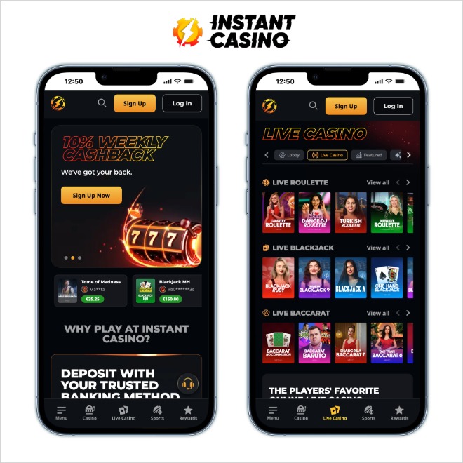 instant casino screenshots on mobile on a white background